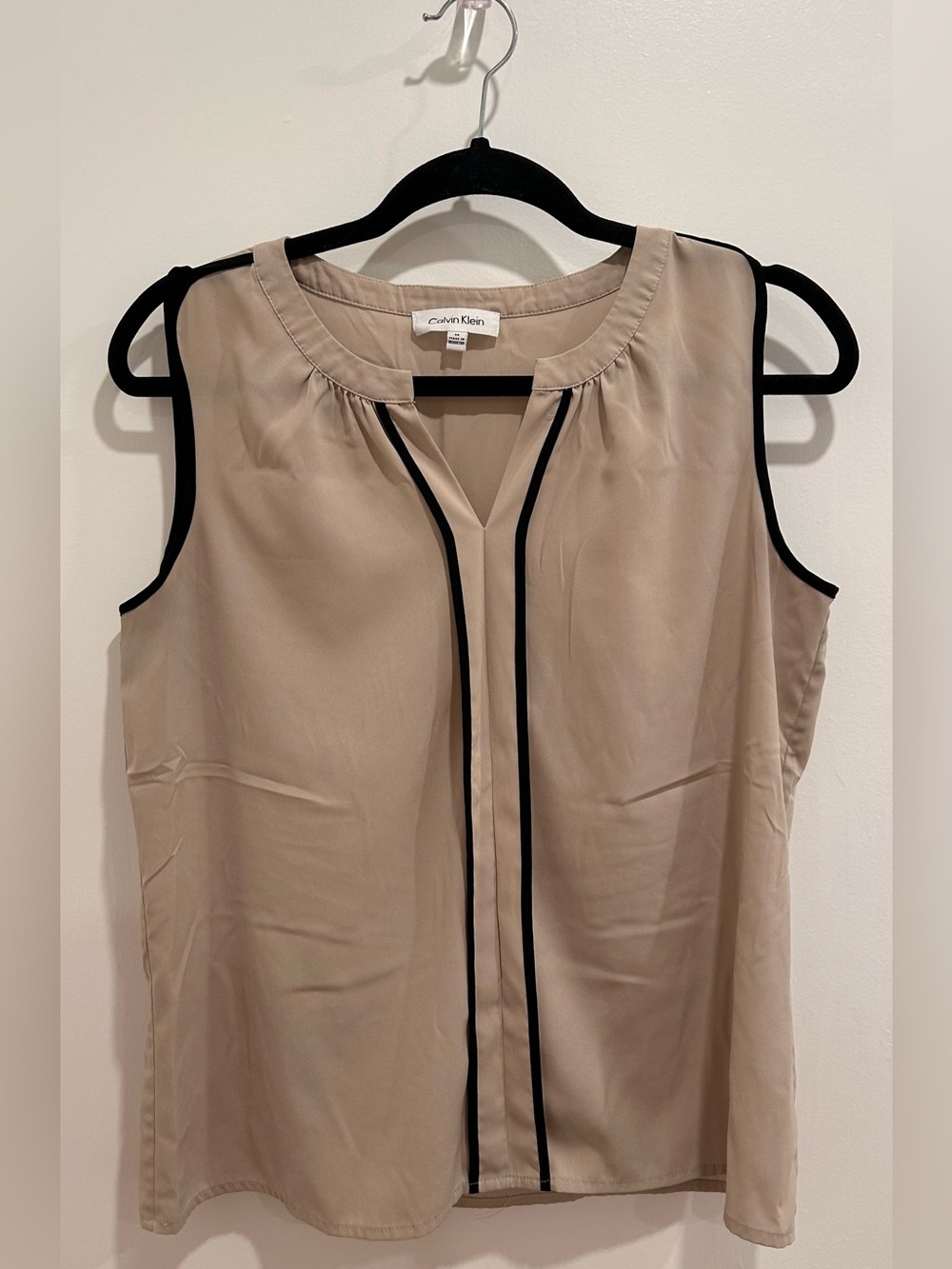 Calvin Klein Beige Sleeveless Shell with Black Piping